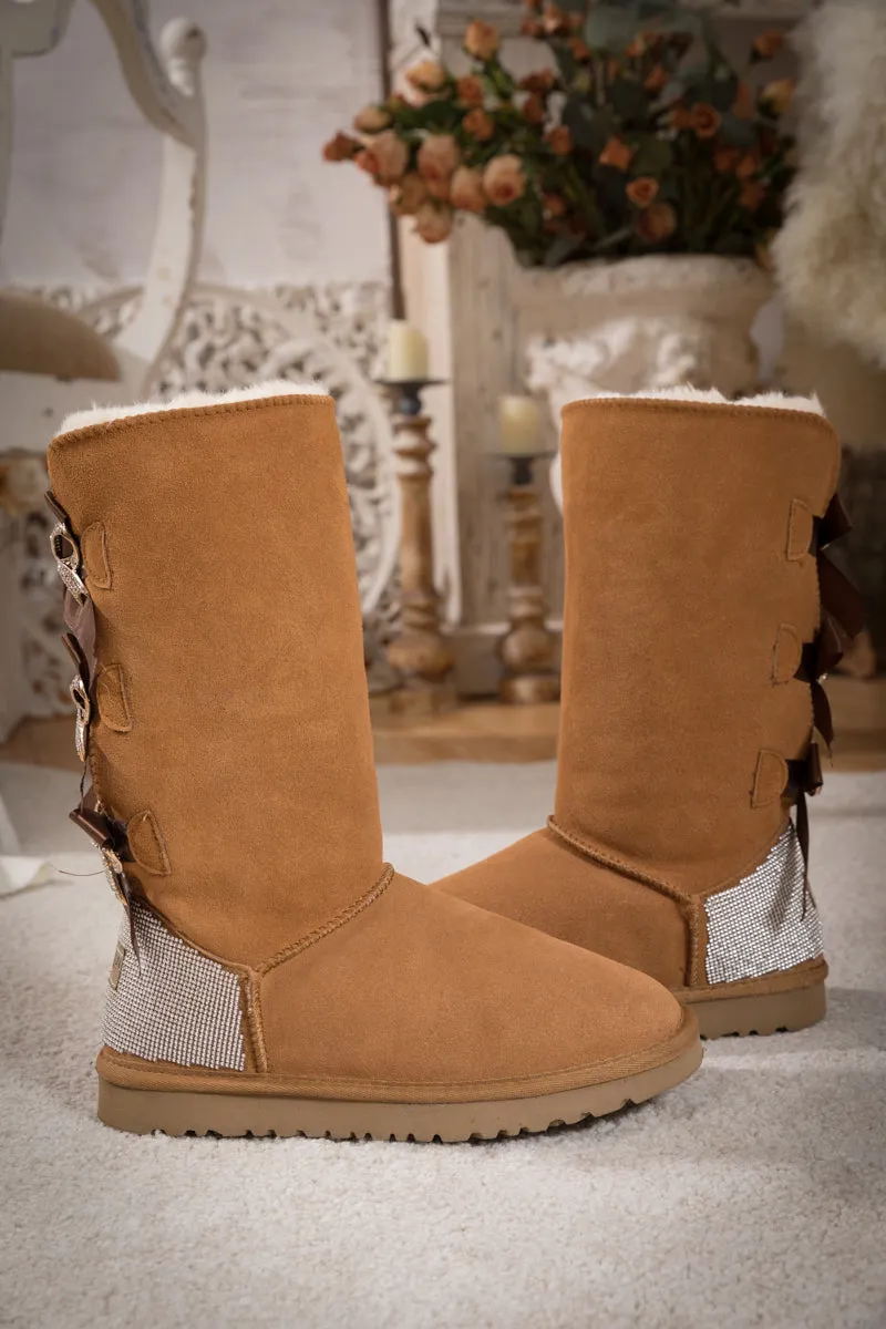 Rhinestone Ribbon Tri-Tie Bow Suede Boots - Chestnut