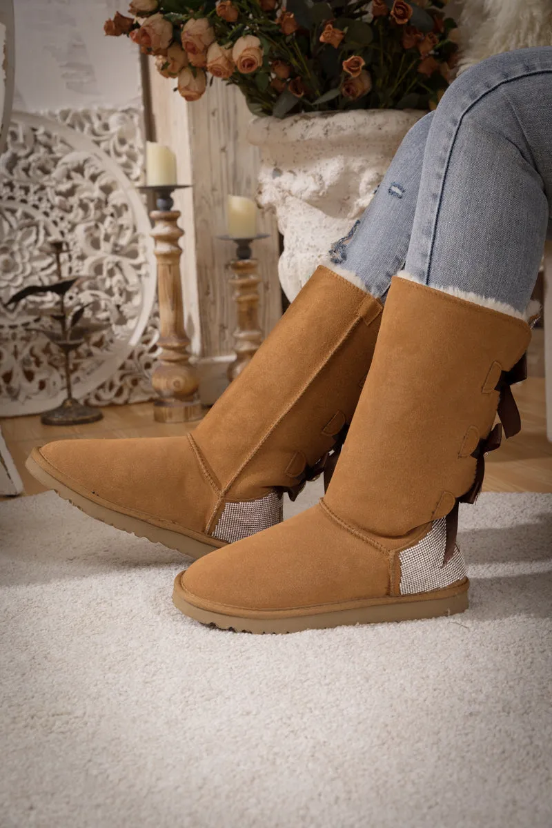 Rhinestone Ribbon Tri-Tie Bow Suede Boots - Chestnut