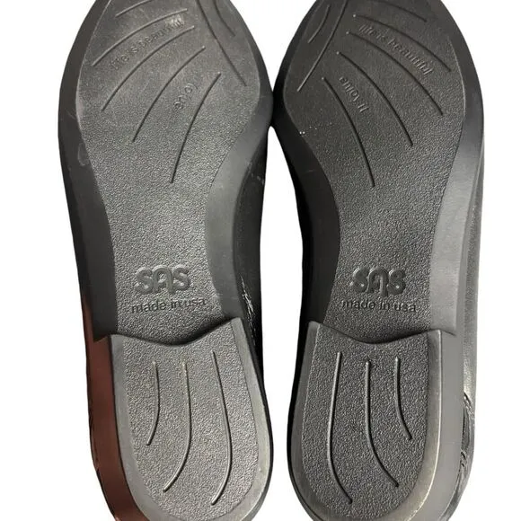 SAS Ballet Flats Black Leather &amp; Patent Bow TriPad Comfort flat Shoe size 7M