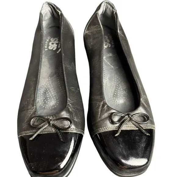 SAS Ballet Flats Black Leather &amp; Patent Bow TriPad Comfort flat Shoe size 7M