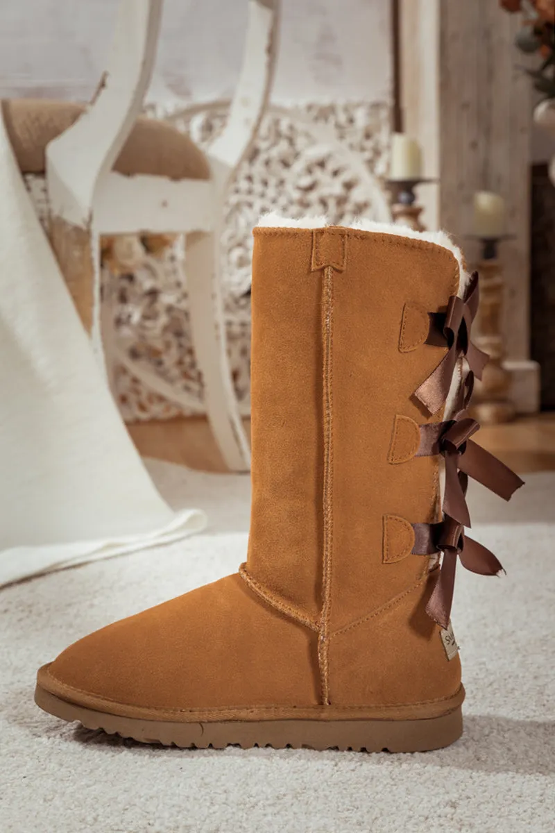 Tri Ribbon Bow Suede Boots - Chestnut