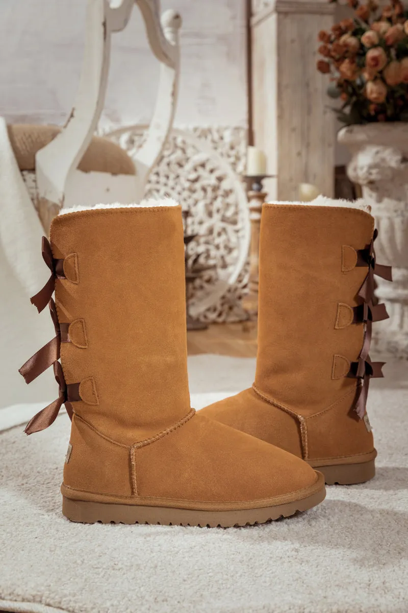 Tri Ribbon Bow Suede Boots - Chestnut