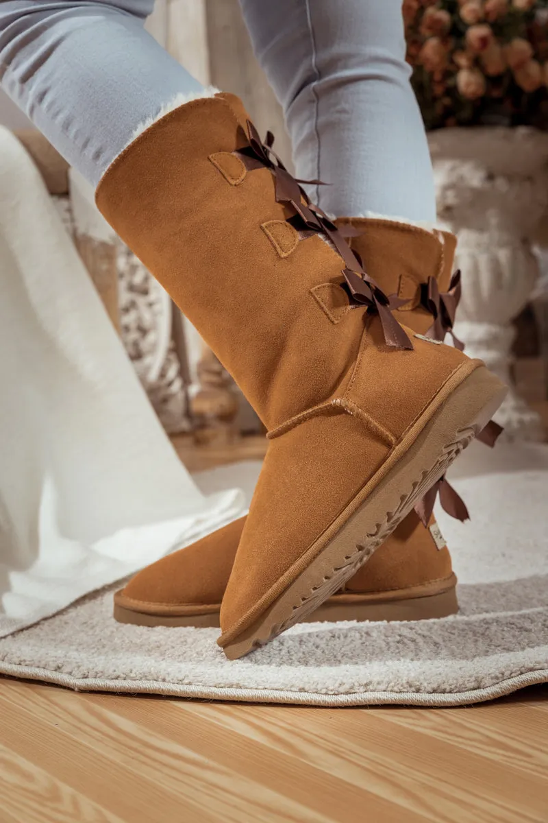 Tri Ribbon Bow Suede Boots - Chestnut