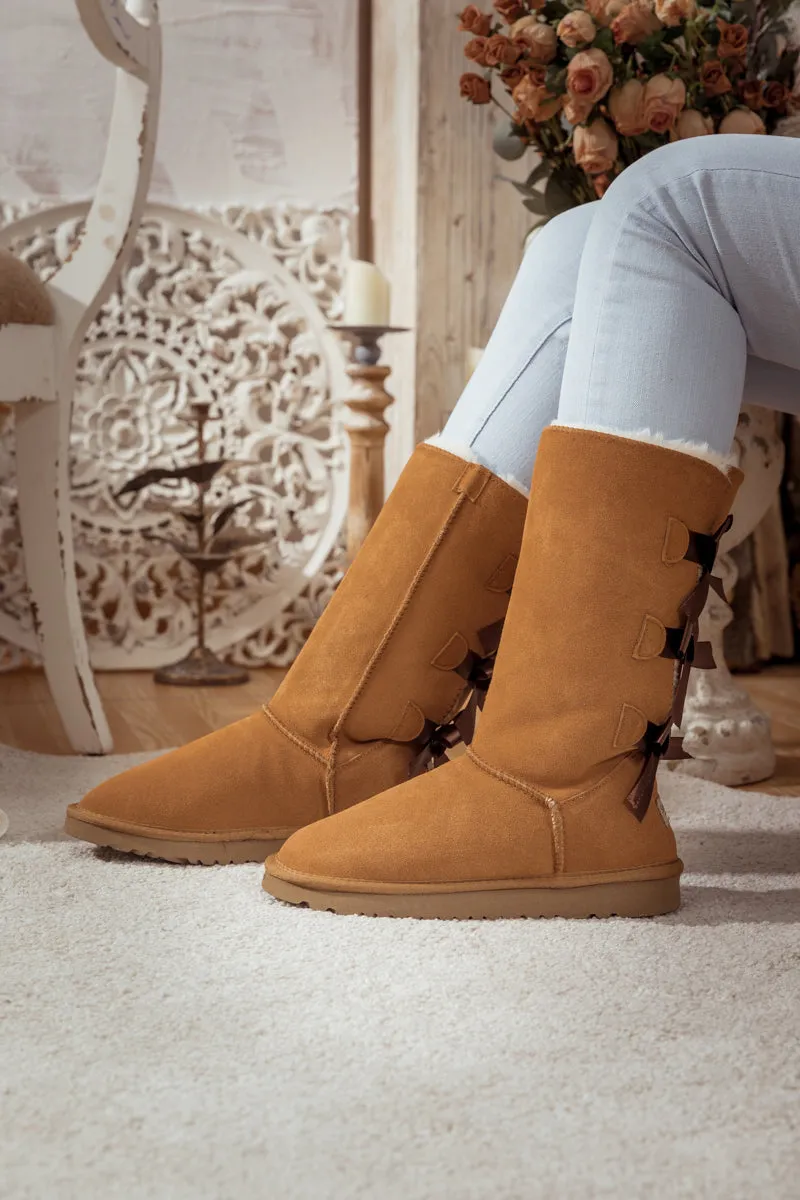 Tri Ribbon Bow Suede Boots - Chestnut