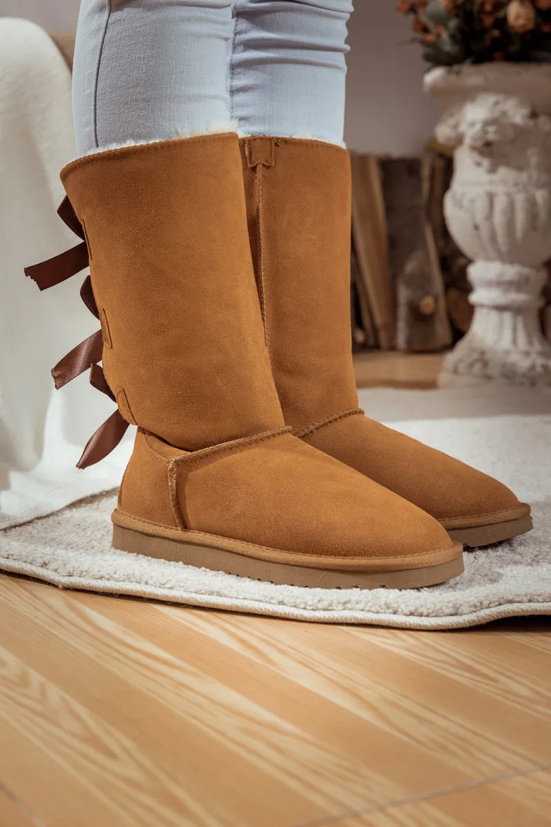 Tri Ribbon Bow Suede Boots - Chestnut