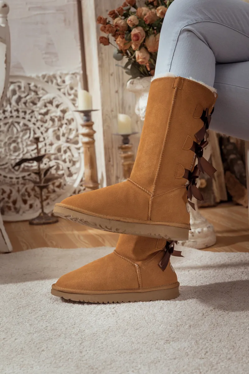Tri Ribbon Bow Suede Boots - Chestnut