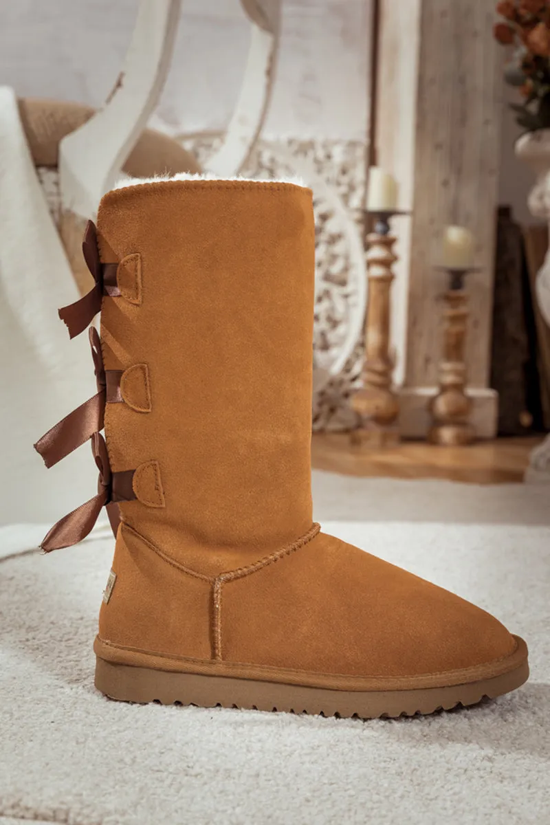 Tri Ribbon Bow Suede Boots - Chestnut