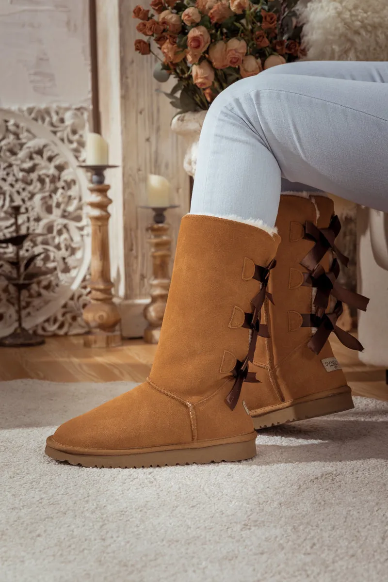 Tri Ribbon Bow Suede Boots - Chestnut