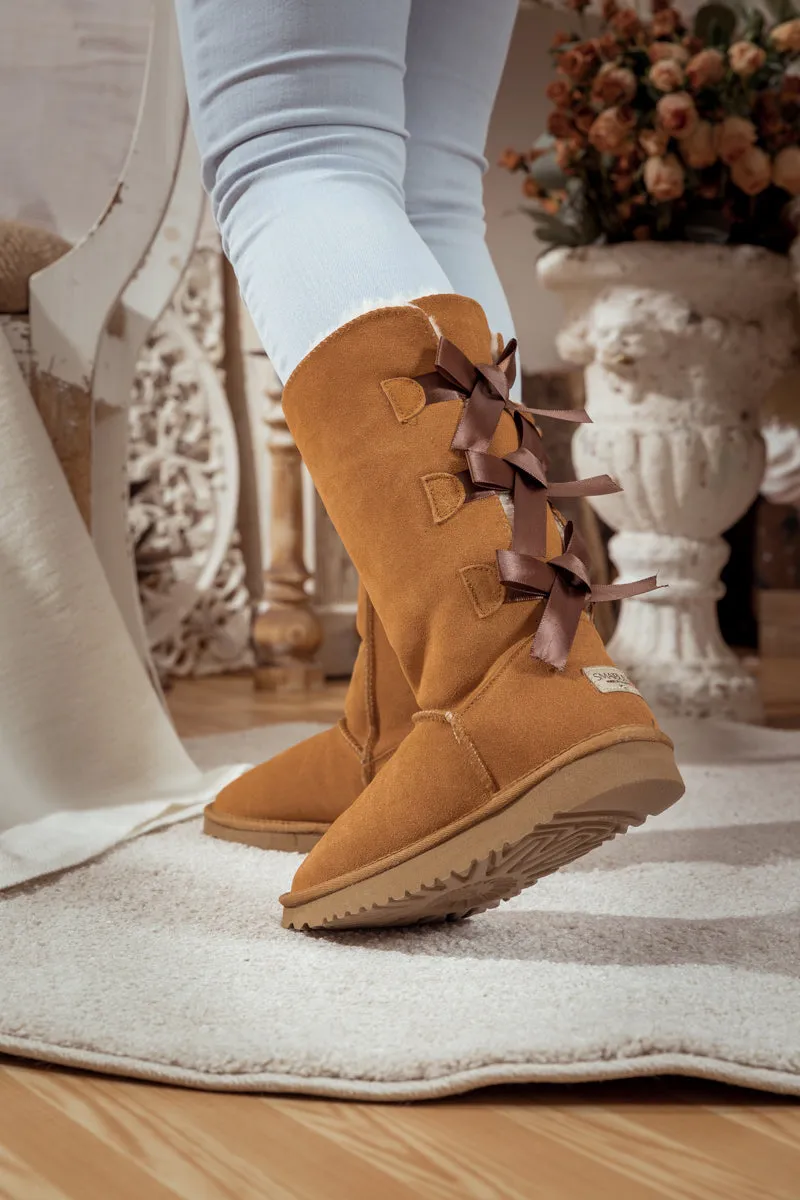 Tri Ribbon Bow Suede Boots - Chestnut