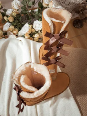 Tri Ribbon Bow Suede Boots - Chestnut