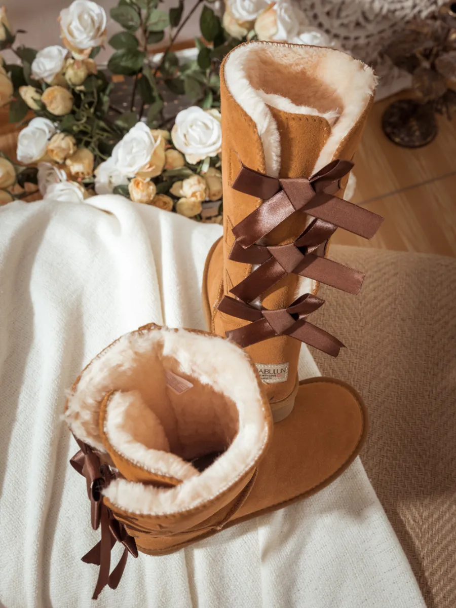 Tri Ribbon Bow Suede Boots - Chestnut