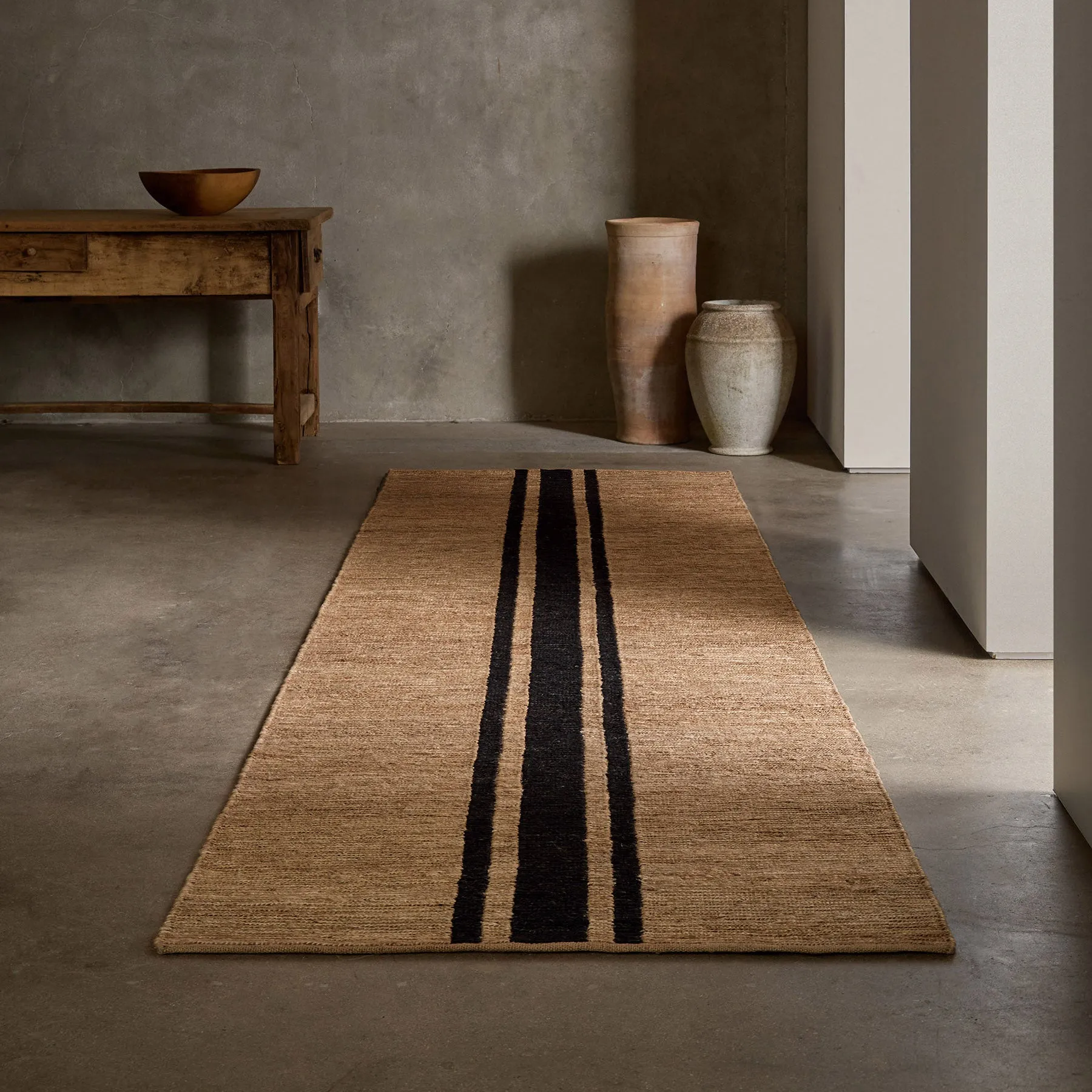 Triple Stripe Jute Runner 3.5Ft X 14Ft - Natural/Charcoal Stripe