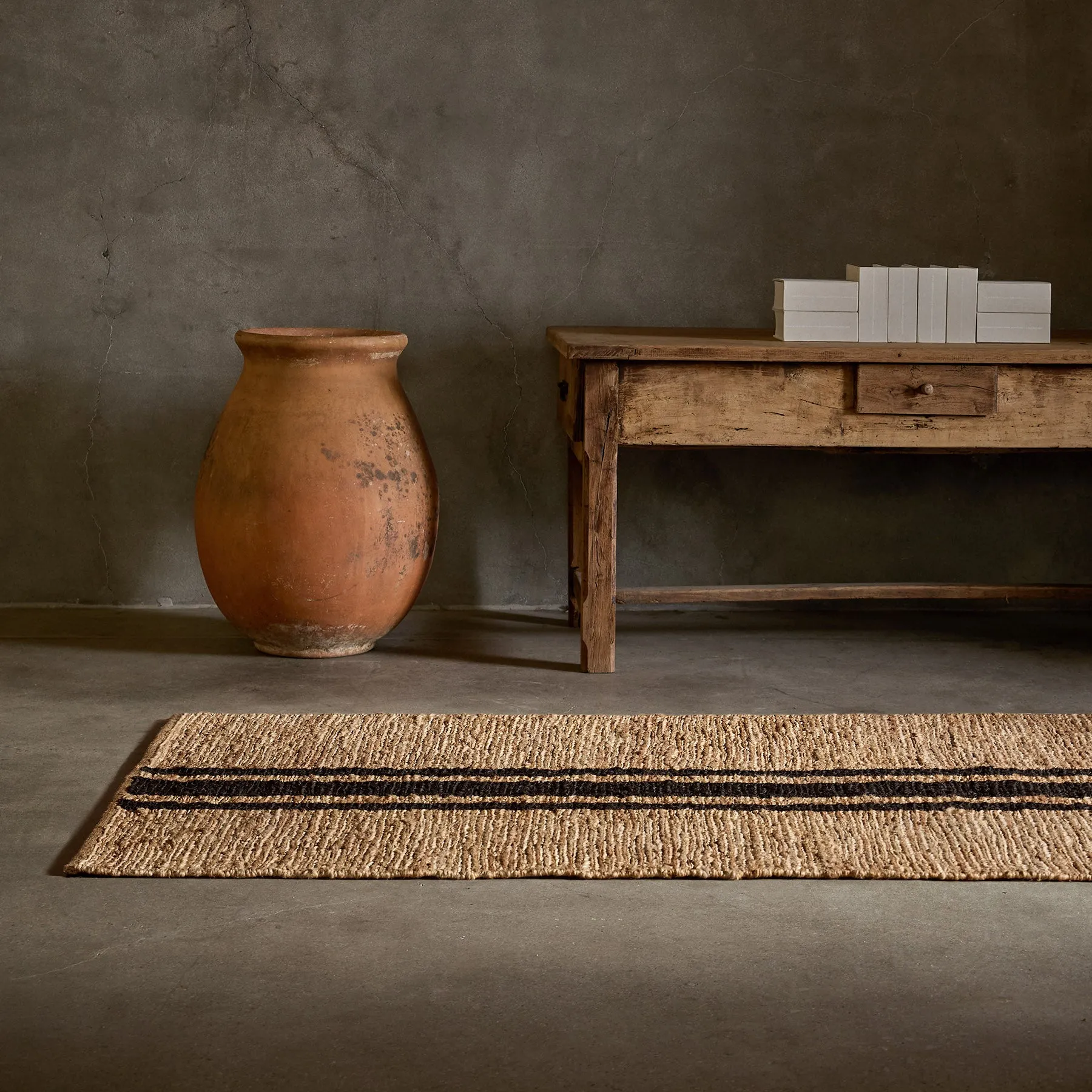 Triple Stripe Jute Runner 3.5Ft X 14Ft - Natural/Charcoal Stripe