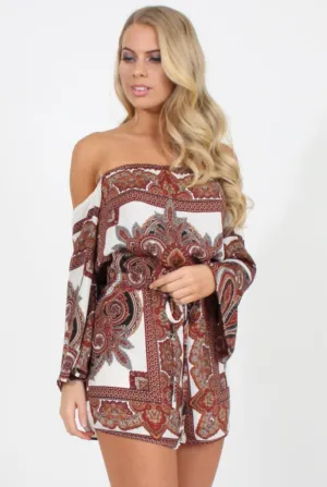 White & Burgundy Paisley off the Shoulder Playsuit - Chelsey