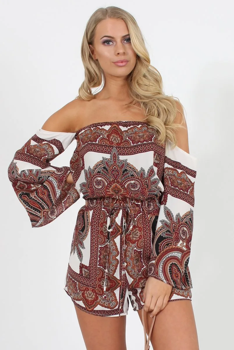 White & Burgundy Paisley off the Shoulder Playsuit - Chelsey